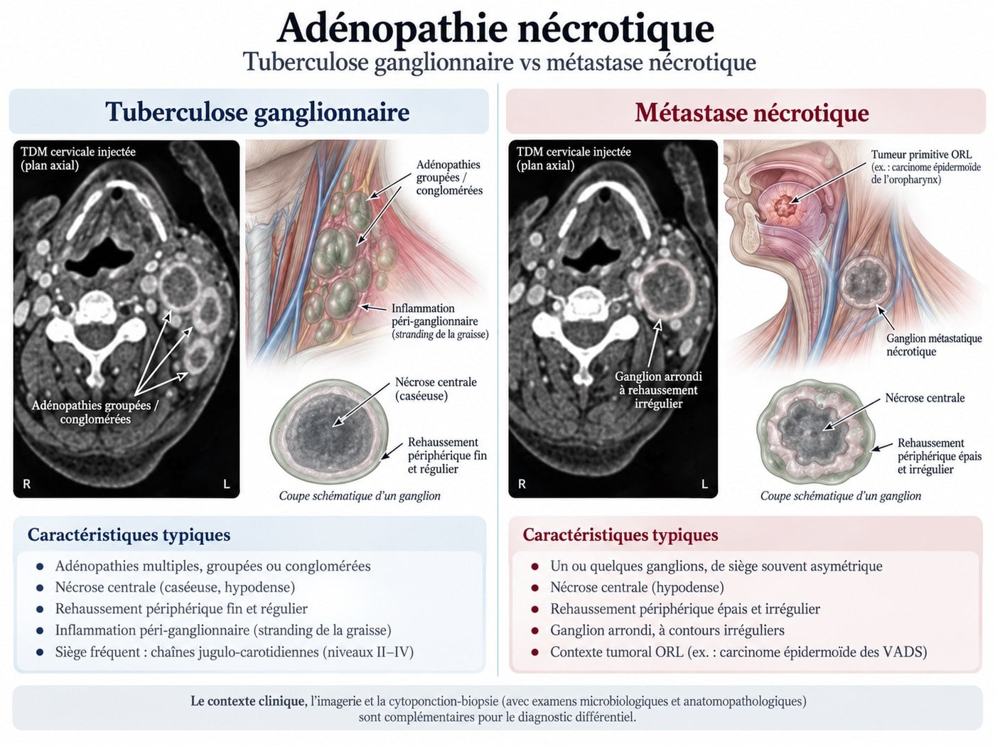 Planche comparative au scanner cervical : tuberculose ganglionnaire et métastase ganglionnaire nécrotique