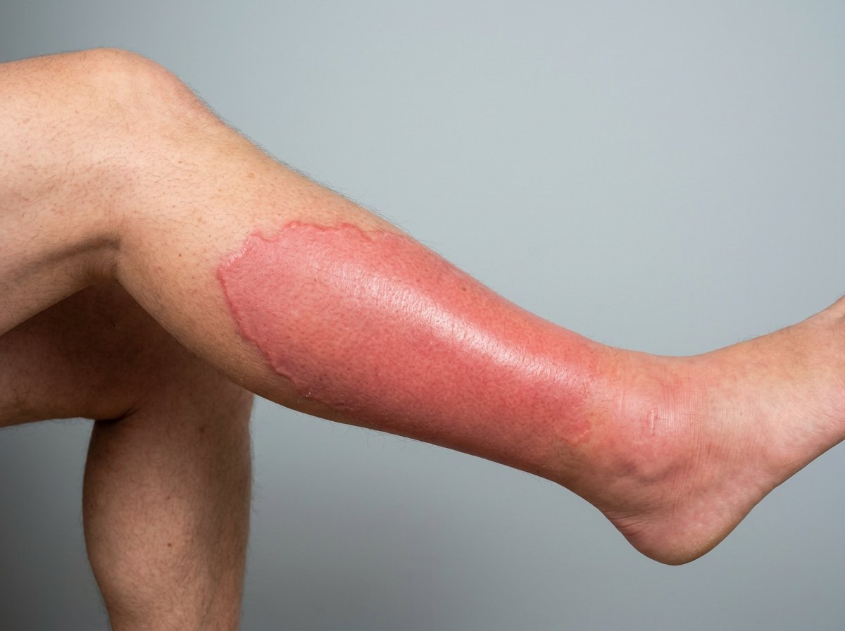 Jambe d’adulte avec une large plaque rouge, luisante et gonflée sur la face antérieure, aux bords nets et en léger relief, avec un œdème de la cheville