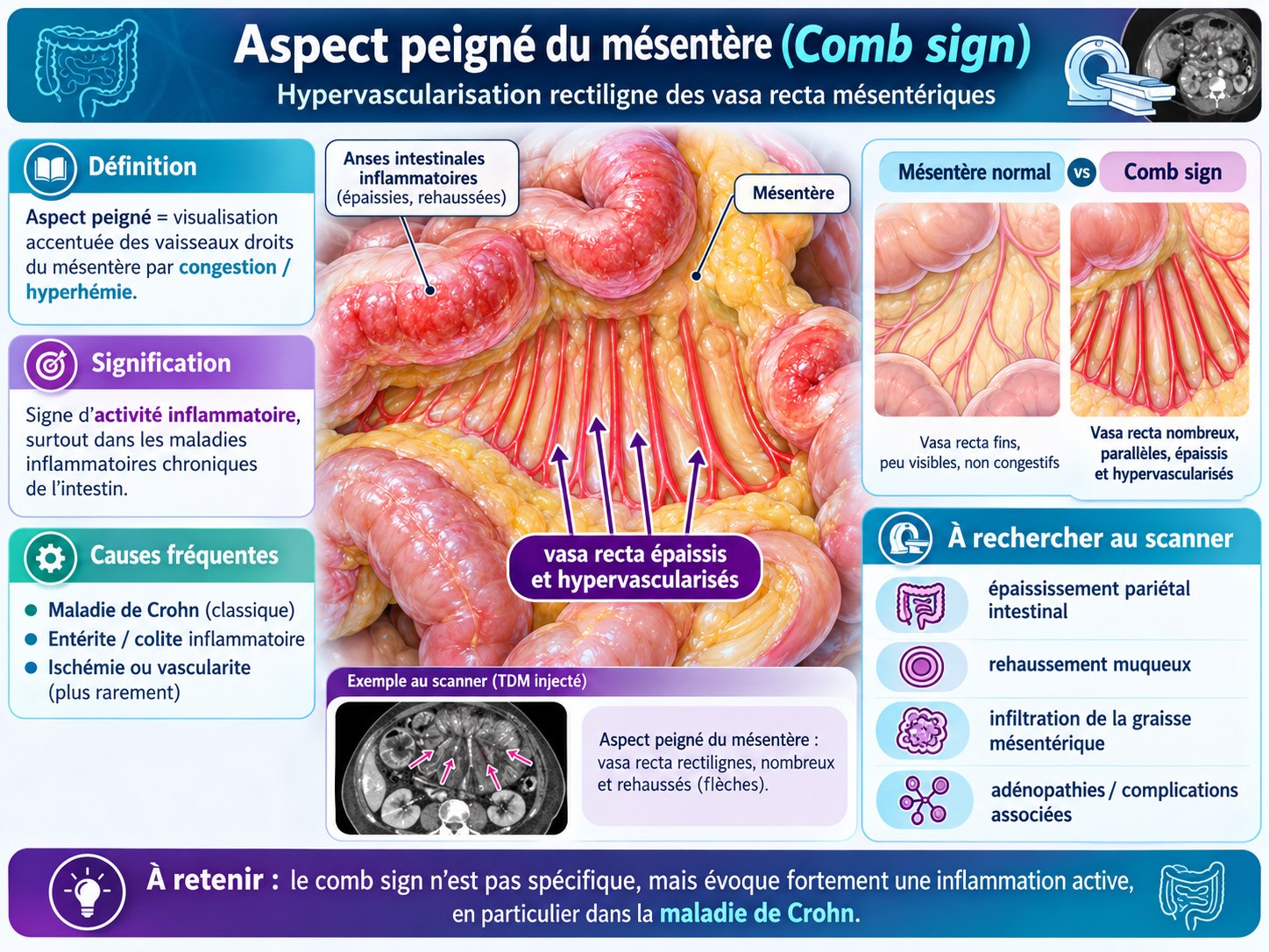 Planche de synthèse : définition, signification et causes fréquentes de l'aspect peigné du mésentère, comparaison d'un mésentère normal et d'un aspect peigné, signes associés à rechercher au scanner.
