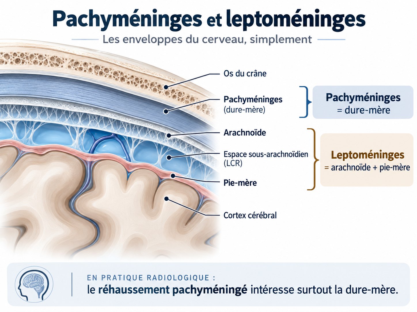 Coupe illustrée des enveloppes du cerveau, de l'extérieur vers l'intérieur : os du crâne, dure-mère (pachyméninges), arachnoïde, espace sous-arachnoïdien contenant le liquide cérébro-spinal, pie-mère et cortex cérébral. La dure-mère forme les pachyméninges ; l'arachnoïde et la pie-mère forment les leptoméninges.