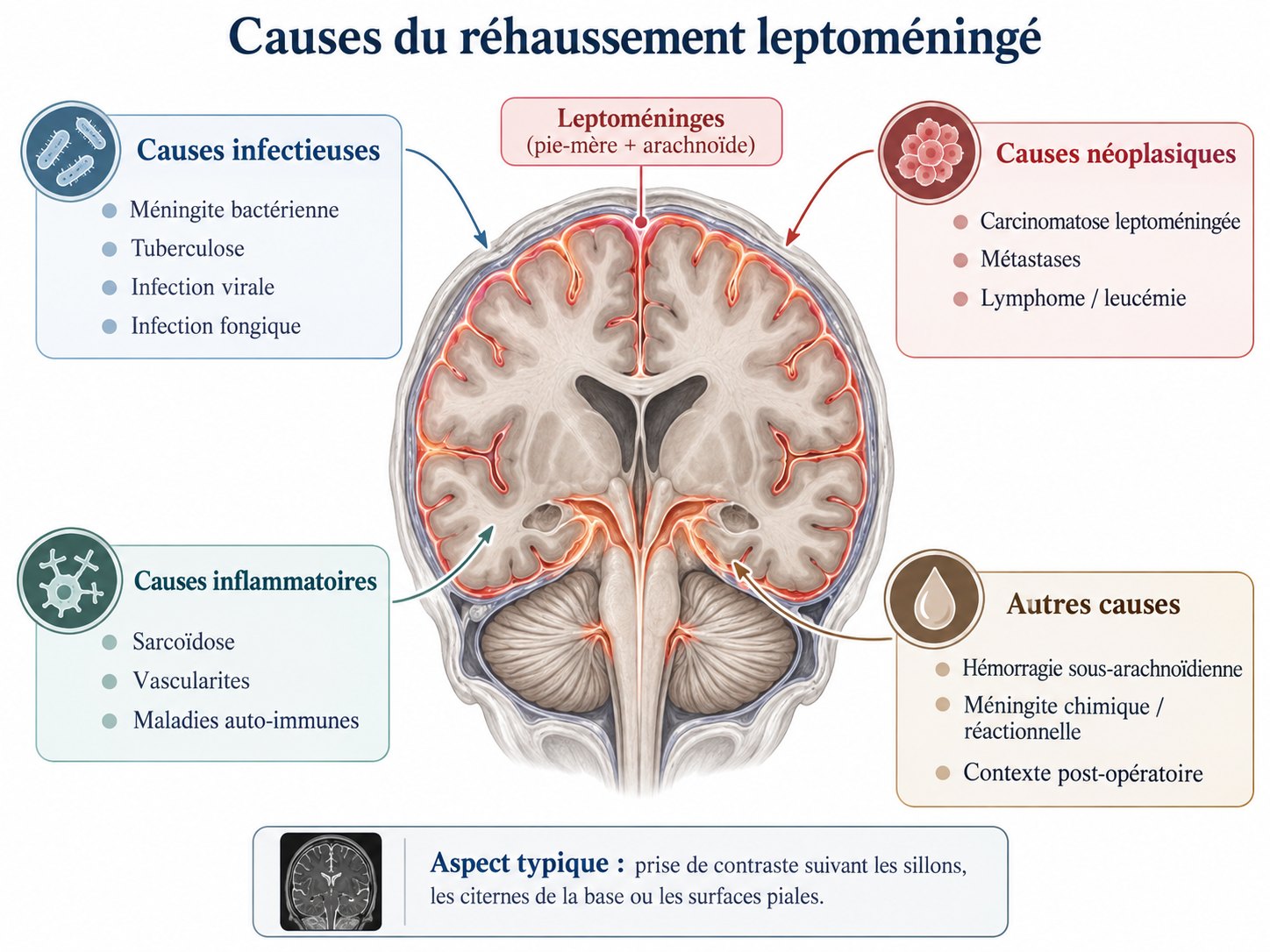 Planche illustrée des causes du réhaussement leptoméningé : causes infectieuses (méningite bactérienne, tuberculose, infection virale, infection fongique), néoplasiques (carcinomatose leptoméningée, métastases, lymphome ou leucémie), inflammatoires (sarcoïdose, vascularites, maladies auto-immunes) et autres causes (hémorragie sous-arachnoïdienne, méningite chimique ou réactionnelle, contexte post-opératoire). Aspect typique : prise de contraste suivant les sillons, les citernes de la base ou les surfaces piales.
